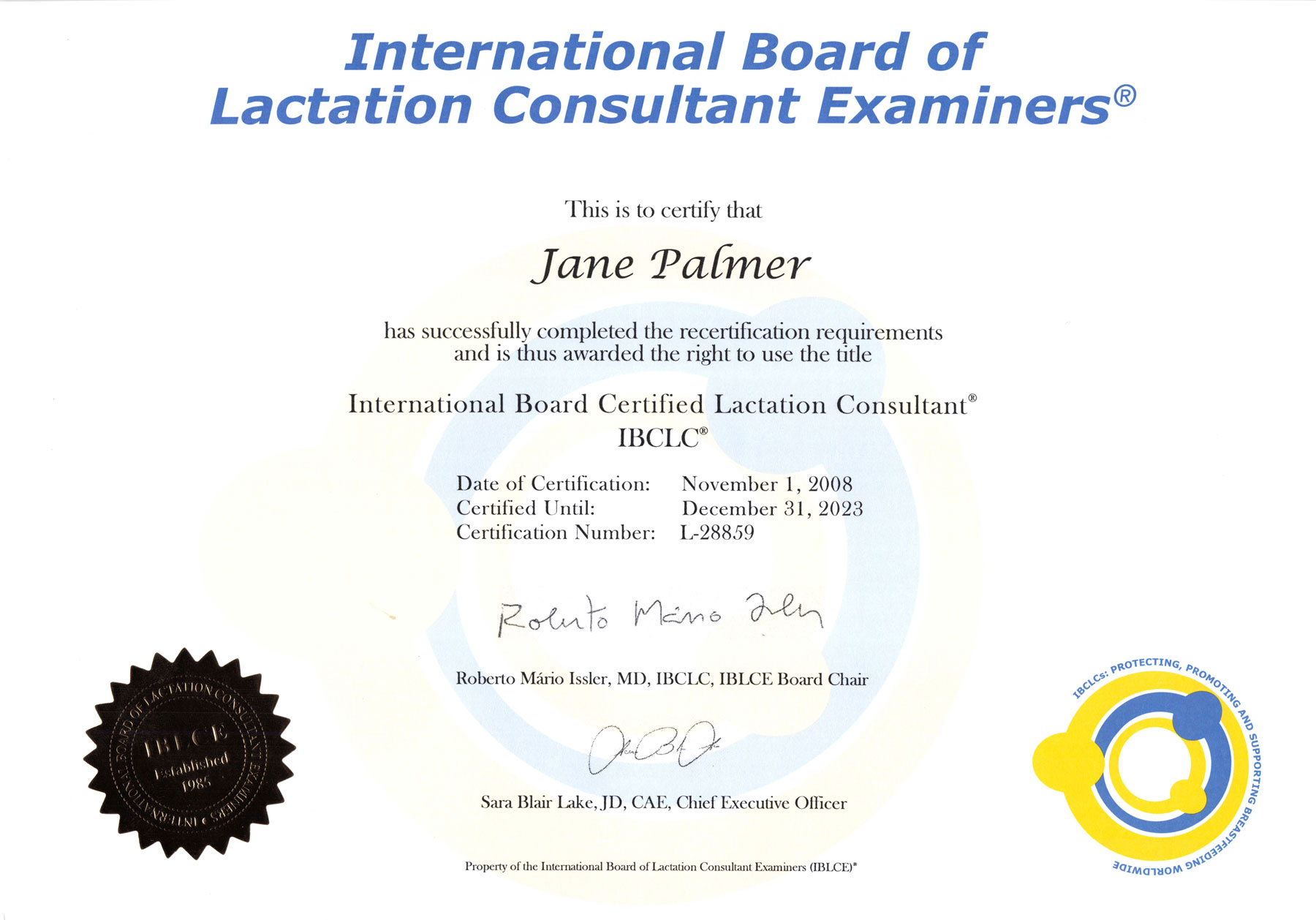 Jane Palmers International Board Certified Lactation Consultant IBCLC certificate